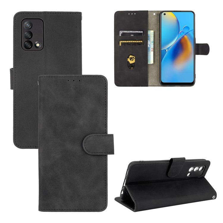 Skin-touch Feeling Leather Wallet Stand Flip Case Protective Phone Shell Cover for Oppo F19/A74 4G - Black