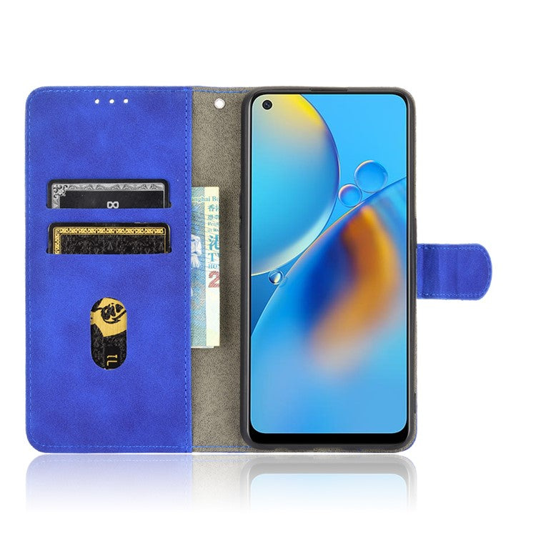 Skin-touch Feeling Leather Wallet Stand Flip Case Protective Phone Shell Cover for Oppo F19/A74 4G - Blue