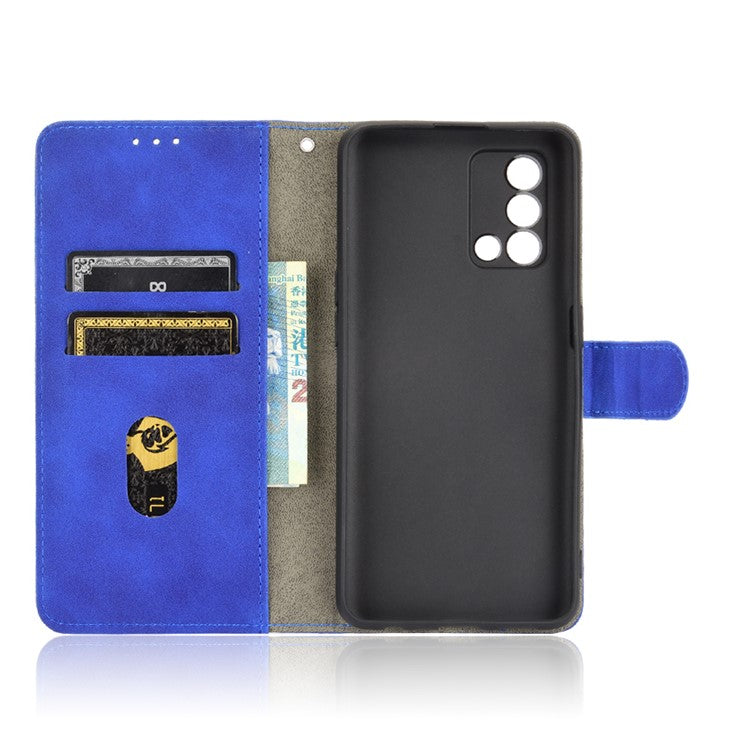 Skin-touch Feeling Leather Wallet Stand Flip Case Protective Phone Shell Cover for Oppo F19/A74 4G - Blue