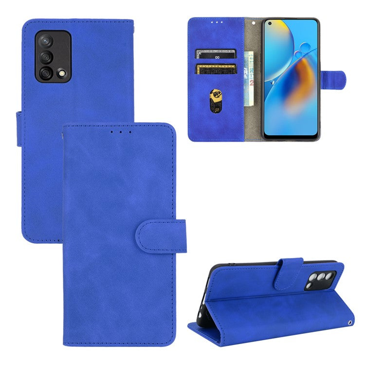 Skin-touch Feeling Leather Wallet Stand Flip Case Protective Phone Shell Cover for Oppo F19/A74 4G - Blue