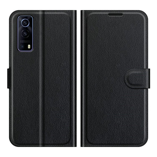 Litchi Skin Phone Case Folio Flip Leather Phone Cover with Stand for vivo iQOO Z3/Y72 5G - Black