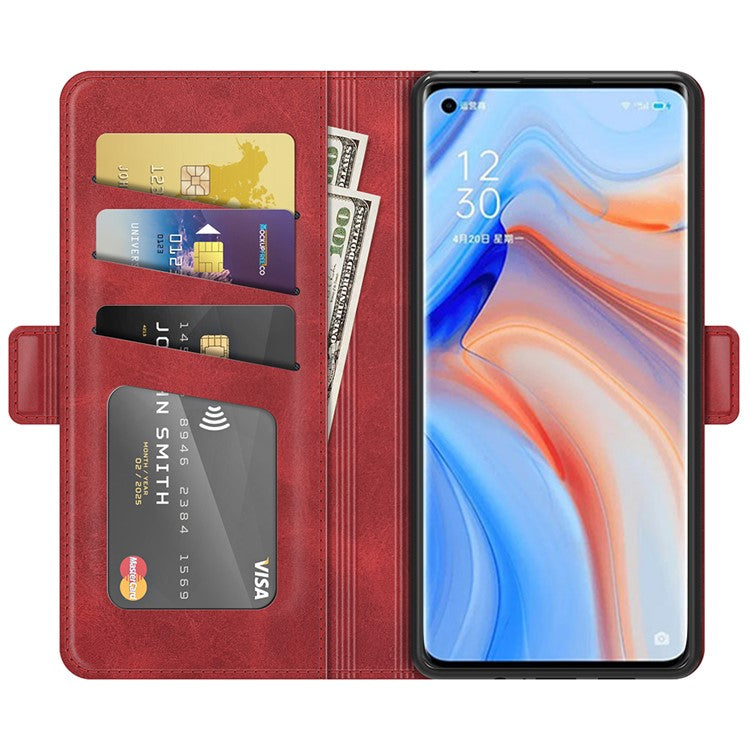 Magnetic Double Clasp Leather Wallet Case for OPPO Reno5 Pro Plus 5G/Find X3 Neo - Red