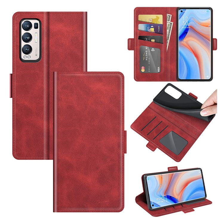Magnetic Double Clasp Leather Wallet Case for OPPO Reno5 Pro Plus 5G/Find X3 Neo - Red