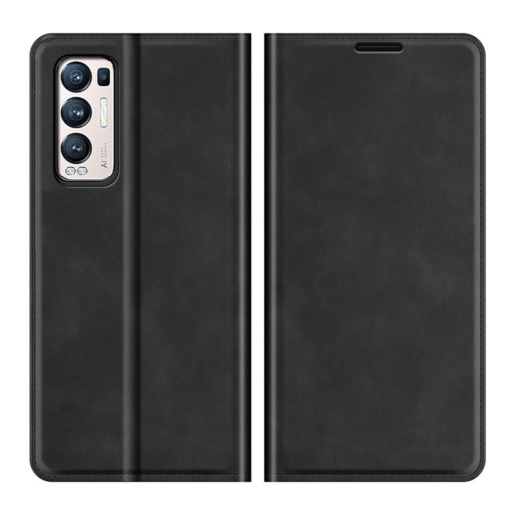 Silky Touch Leather Wallet Stand Case for OPPO Reno5 Pro Plus 5G/Find X3 Neo - Black