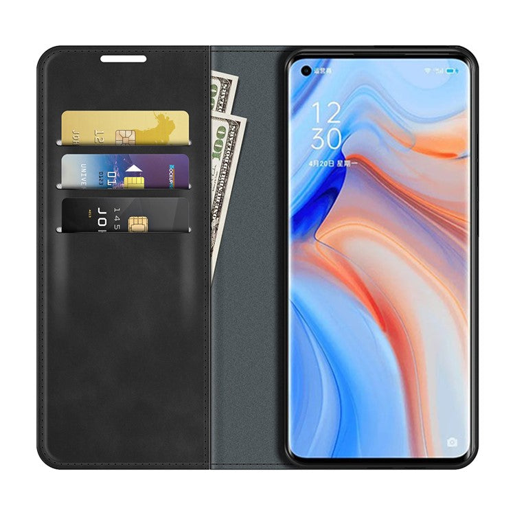 Silky Touch Leather Wallet Stand Case for OPPO Reno5 Pro Plus 5G/Find X3 Neo - Black