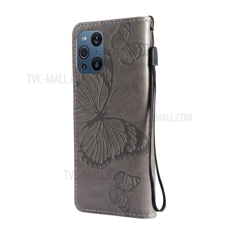 KT Imprinting Flower Series-2 Wallet Stand Leather Butterflies Pattern Phone Covering Case for Oppo Find X3 Pro / Find X3 - Grey
