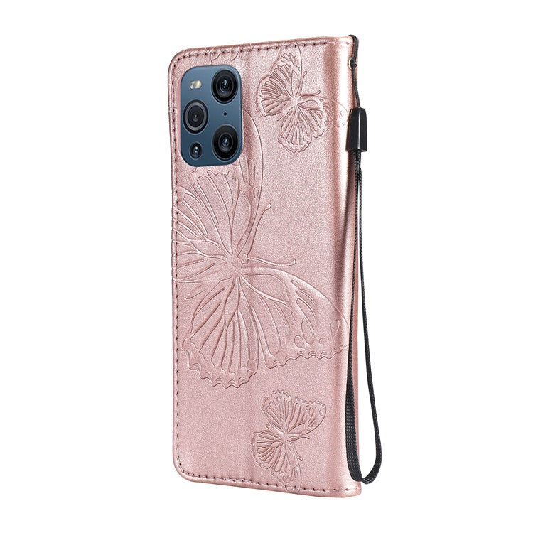 KT Imprinting Flower Series-2 Wallet Stand Leather Butterflies Pattern Phone Covering Case for Oppo Find X3 Pro / Find X3 - Rose Gold