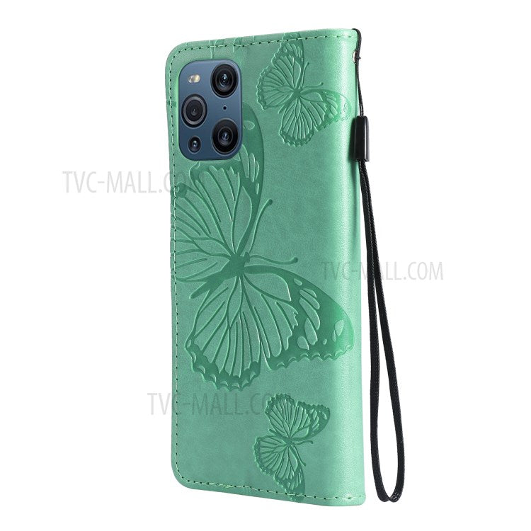 KT Imprinting Flower Series-2 Wallet Stand Leather Butterflies Pattern Phone Covering Case for Oppo Find X3 Pro / Find X3 - Green