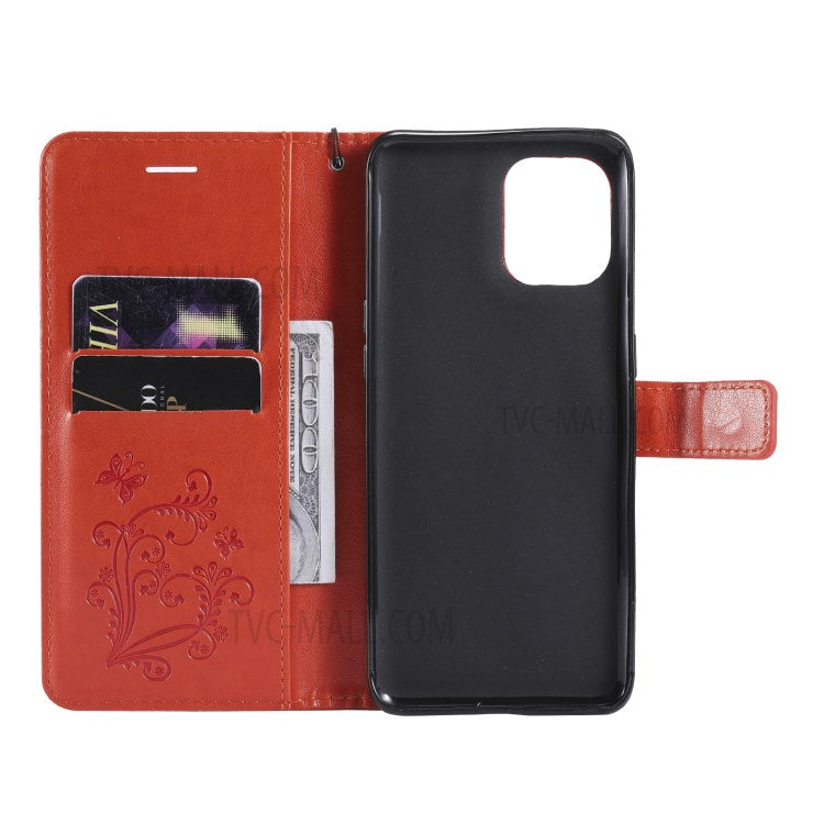 KT Imprinting Flower Series-2 Wallet Stand Leather Butterflies Pattern Phone Covering Case for Oppo Find X3 Pro / Find X3 - Orange