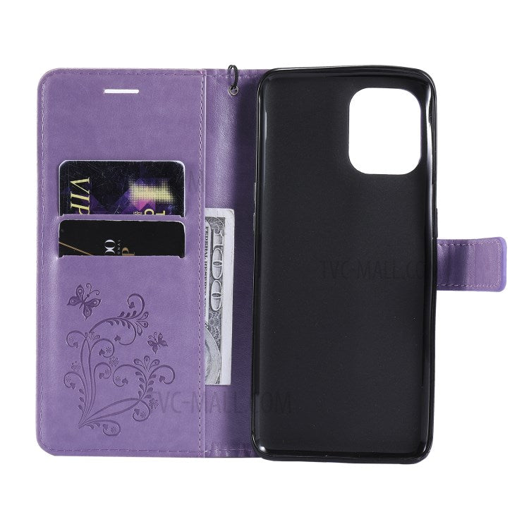 KT Imprinting Flower Series-2 Wallet Stand Leather Butterflies Pattern Phone Covering Case for Oppo Find X3 Pro / Find X3 - Purple