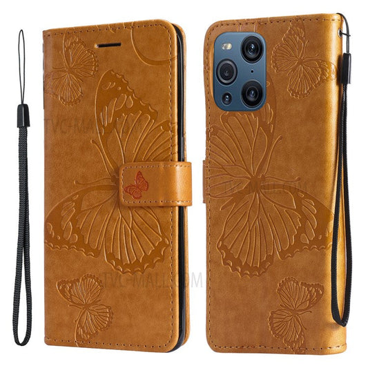 KT Imprinting Flower Series-2 Wallet Stand Leather Butterflies Pattern Phone Covering Case for Oppo Find X3 Pro / Find X3 - Yellow
