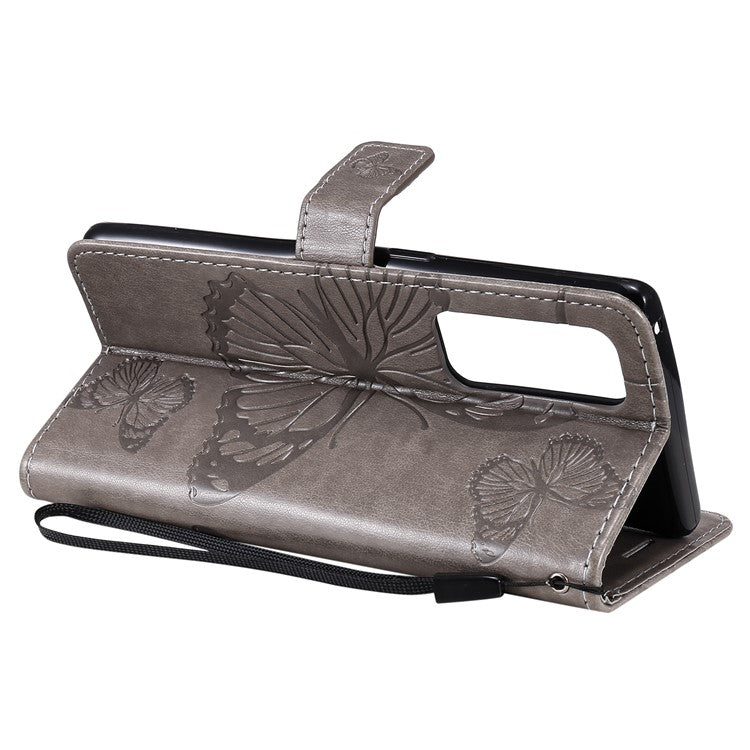 KT Imprinting Flower Series-2 Imprint Butterfly Leather Wallet Stand Case Shell for OPPO Find X3 Neo/Reno5 Pro Plus 5G - Grey