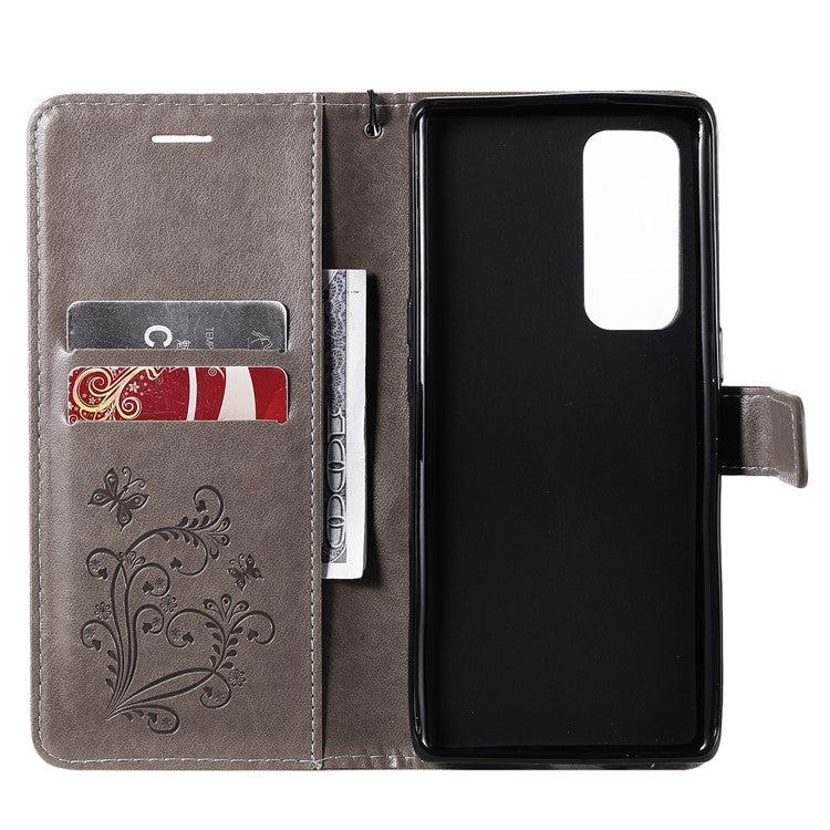 KT Imprinting Flower Series-2 Imprint Butterfly Leather Wallet Stand Case Shell for OPPO Find X3 Neo/Reno5 Pro Plus 5G - Grey