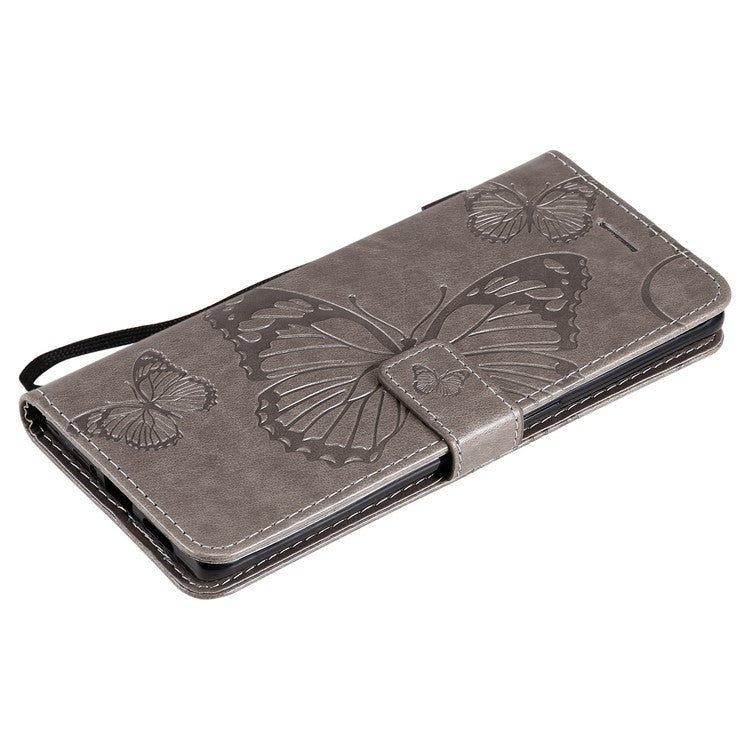 KT Imprinting Flower Series-2 Imprint Butterfly Leather Wallet Stand Case Shell for OPPO Find X3 Neo/Reno5 Pro Plus 5G - Grey