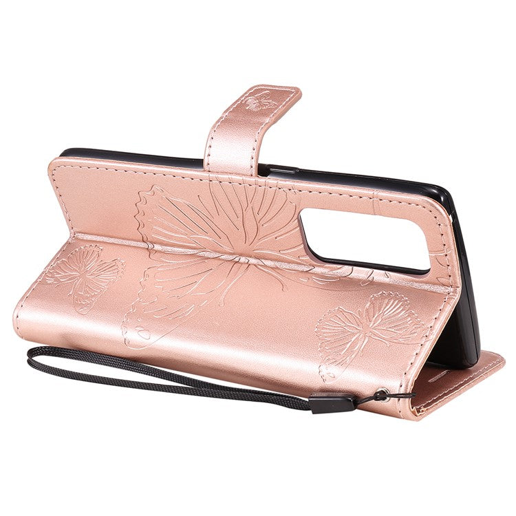 KT Imprinting Flower Series-2 Imprint Butterfly Leather Wallet Stand Case Shell for OPPO Find X3 Neo/Reno5 Pro Plus 5G - Rose Gold