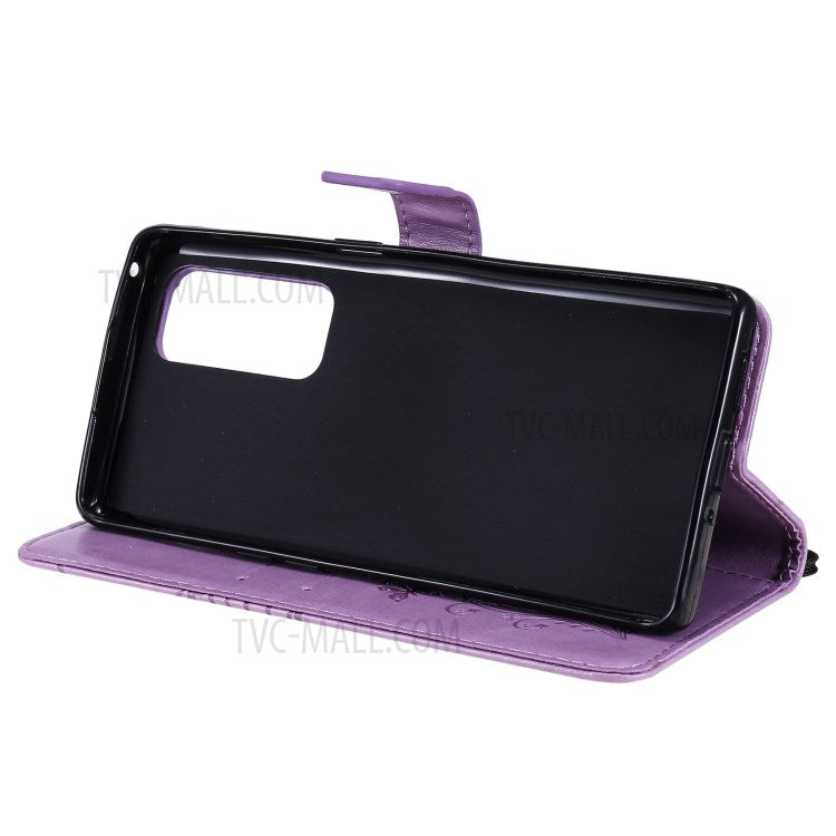 KT Imprinting Flower Series-2 Imprint Butterfly Leather Wallet Stand Case Shell for OPPO Find X3 Neo/Reno5 Pro Plus 5G - Purple
