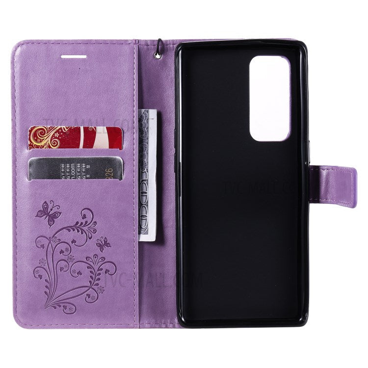 KT Imprinting Flower Series-2 Imprint Butterfly Leather Wallet Stand Case Shell for OPPO Find X3 Neo/Reno5 Pro Plus 5G - Purple
