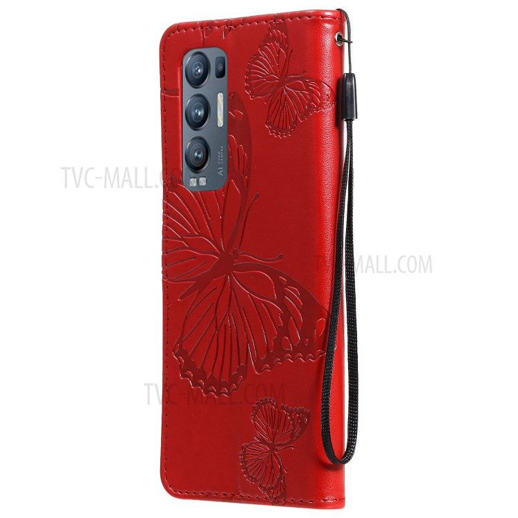 KT Imprinting Flower Series-2 Imprint Butterfly Leather Wallet Stand Case Shell for OPPO Find X3 Neo/Reno5 Pro Plus 5G - Red