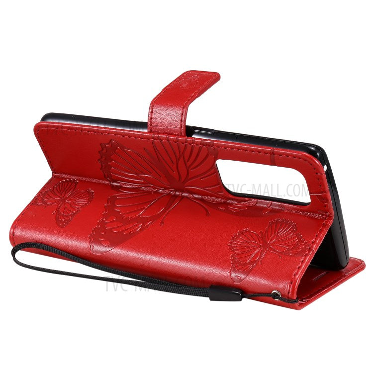 KT Imprinting Flower Series-2 Imprint Butterfly Leather Wallet Stand Case Shell for OPPO Find X3 Neo/Reno5 Pro Plus 5G - Red