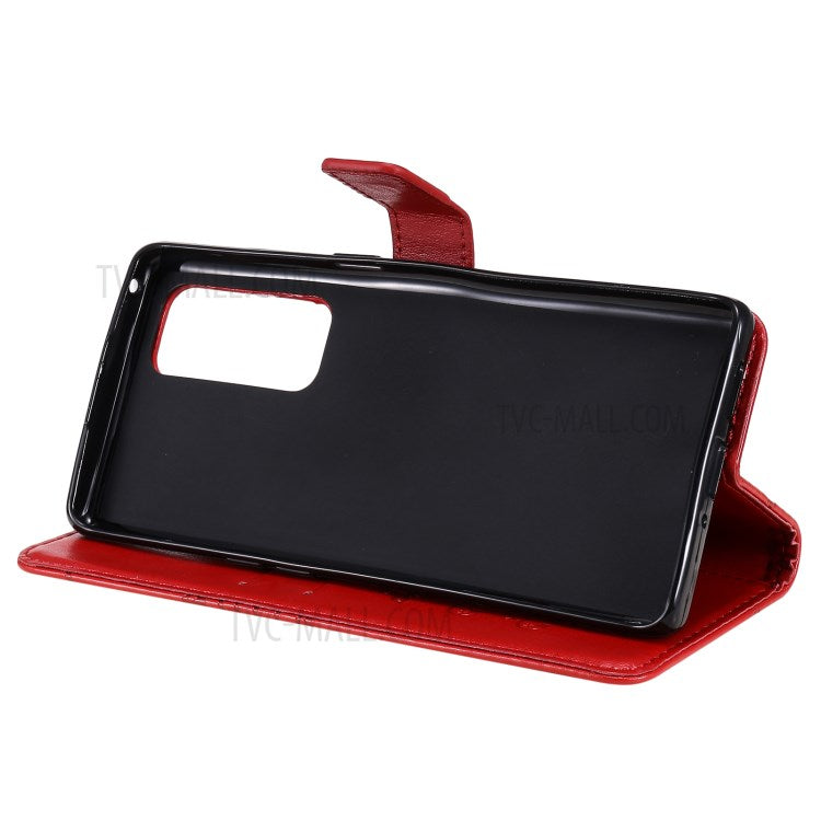 KT Imprinting Flower Series-2 Imprint Butterfly Leather Wallet Stand Case Shell for OPPO Find X3 Neo/Reno5 Pro Plus 5G - Red