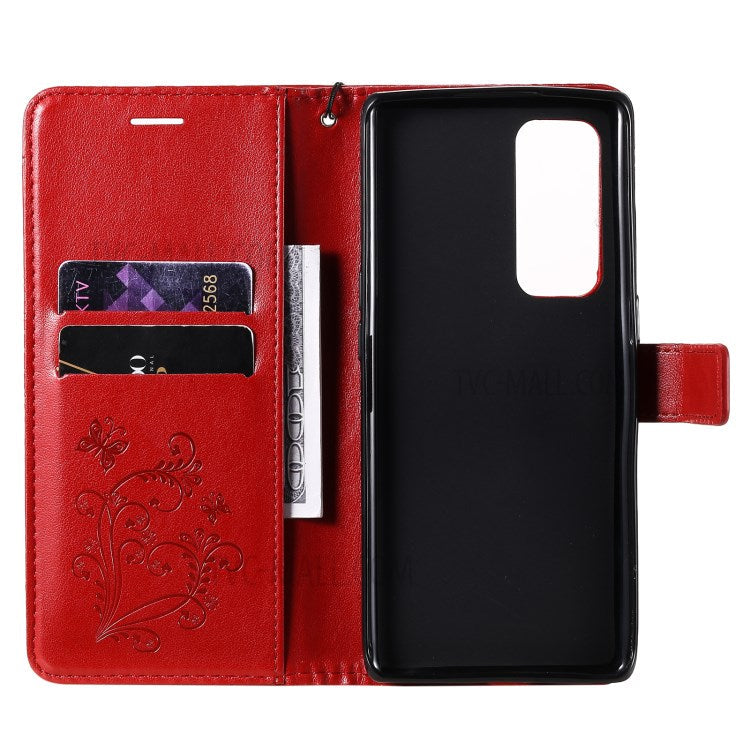 KT Imprinting Flower Series-2 Imprint Butterfly Leather Wallet Stand Case Shell for OPPO Find X3 Neo/Reno5 Pro Plus 5G - Red