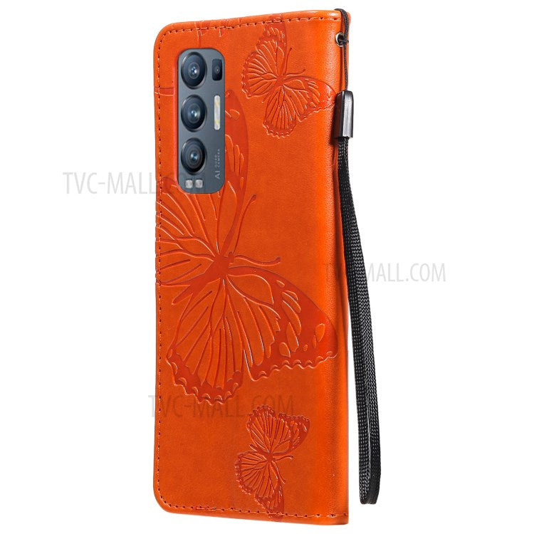 KT Imprinting Flower Series-2 Imprint Butterfly Leather Wallet Stand Case Shell for OPPO Find X3 Neo/Reno5 Pro Plus 5G - Orange