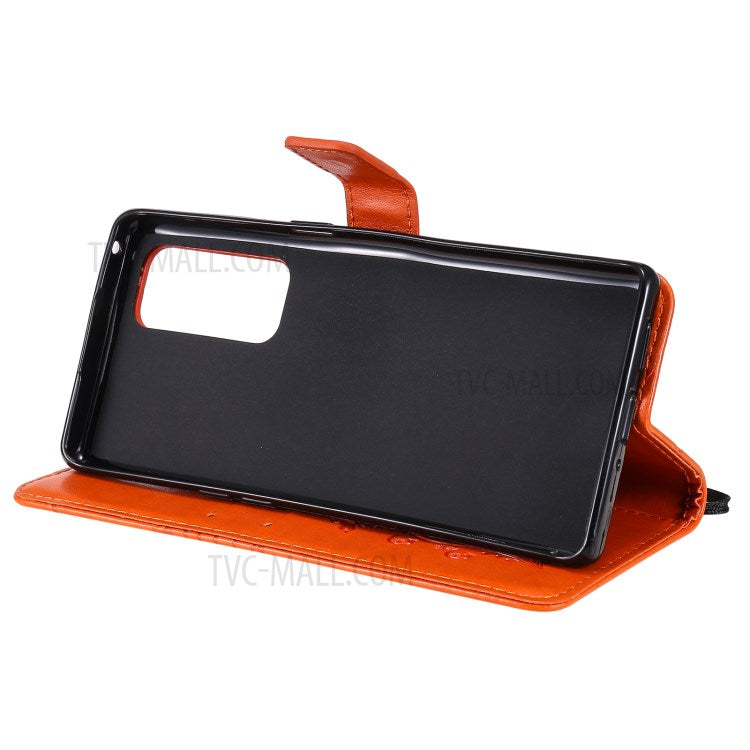 KT Imprinting Flower Series-2 Imprint Butterfly Leather Wallet Stand Case Shell for OPPO Find X3 Neo/Reno5 Pro Plus 5G - Orange