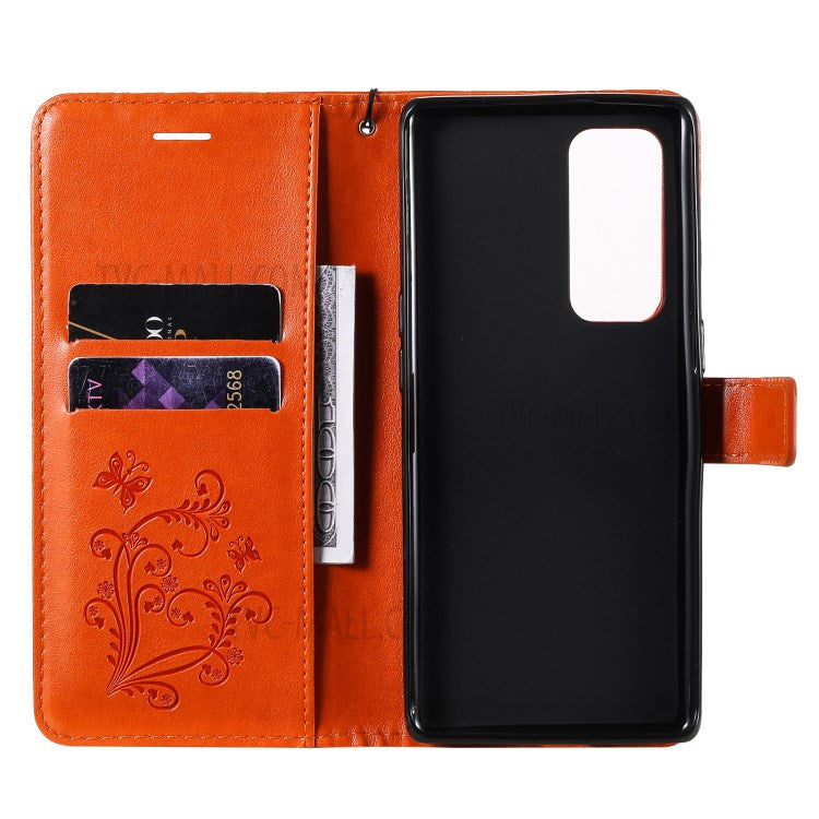 KT Imprinting Flower Series-2 Imprint Butterfly Leather Wallet Stand Case Shell for OPPO Find X3 Neo/Reno5 Pro Plus 5G - Orange