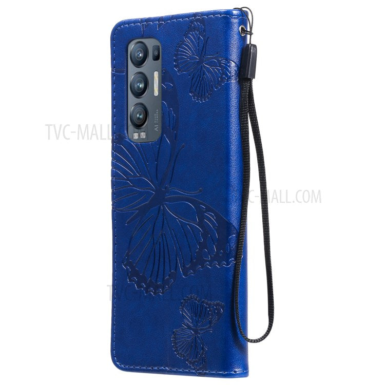 KT Imprinting Flower Series-2 Imprint Butterfly Leather Wallet Stand Case Shell for OPPO Find X3 Neo/Reno5 Pro Plus 5G - Blue