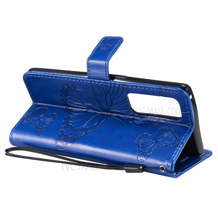 KT Imprinting Flower Series-2 Imprint Butterfly Leather Wallet Stand Case Shell for OPPO Find X3 Neo/Reno5 Pro Plus 5G - Blue
