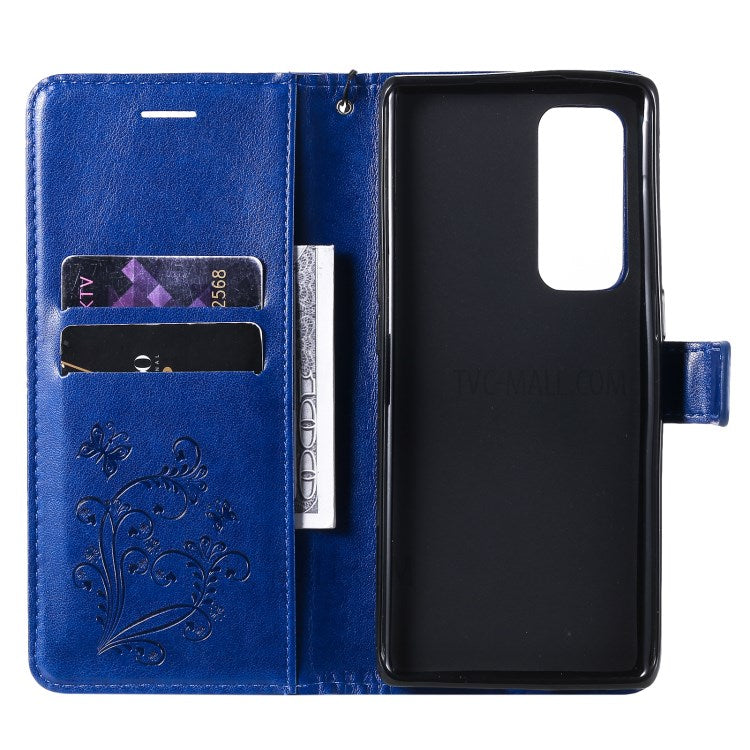 KT Imprinting Flower Series-2 Imprint Butterfly Leather Wallet Stand Case Shell for OPPO Find X3 Neo/Reno5 Pro Plus 5G - Blue