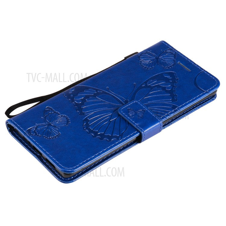 KT Imprinting Flower Series-2 Imprint Butterfly Leather Wallet Stand Case Shell for OPPO Find X3 Neo/Reno5 Pro Plus 5G - Blue