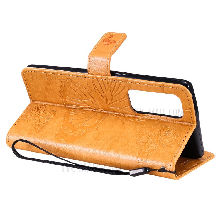 KT Imprinting Flower Series-2 Imprint Butterfly Leather Wallet Stand Case Shell for OPPO Find X3 Neo/Reno5 Pro Plus 5G - Brown