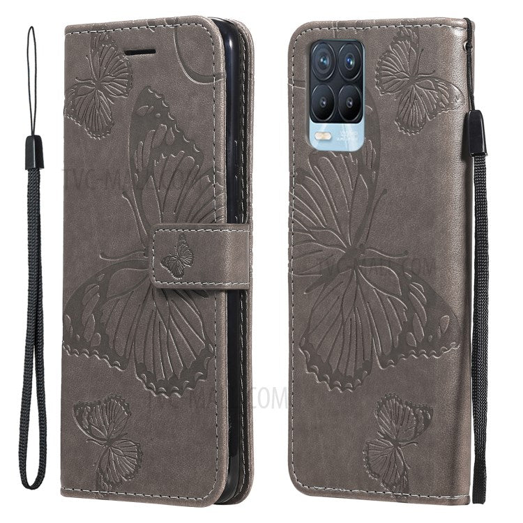 KT Imprinting Flower Series-2 Imprint Butterflies Pattern Wallet Stand Leather Phone Covering Case for Realme 8 / Realme 8 Pro 4G - Grey