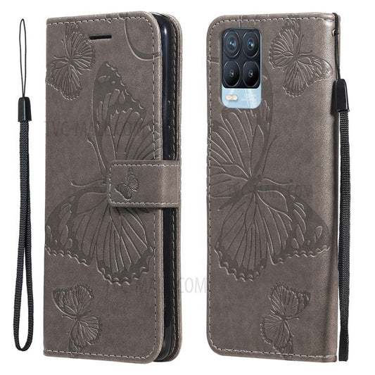 KT Imprinting Flower Series-2 Imprint Butterflies Pattern Wallet Stand Leather Phone Covering Case for Realme 8 / Realme 8 Pro 4G - Grey