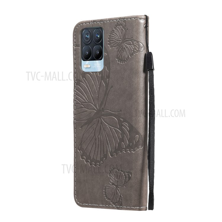 KT Imprinting Flower Series-2 Imprint Butterflies Pattern Wallet Stand Leather Phone Covering Case for Realme 8 / Realme 8 Pro 4G - Grey