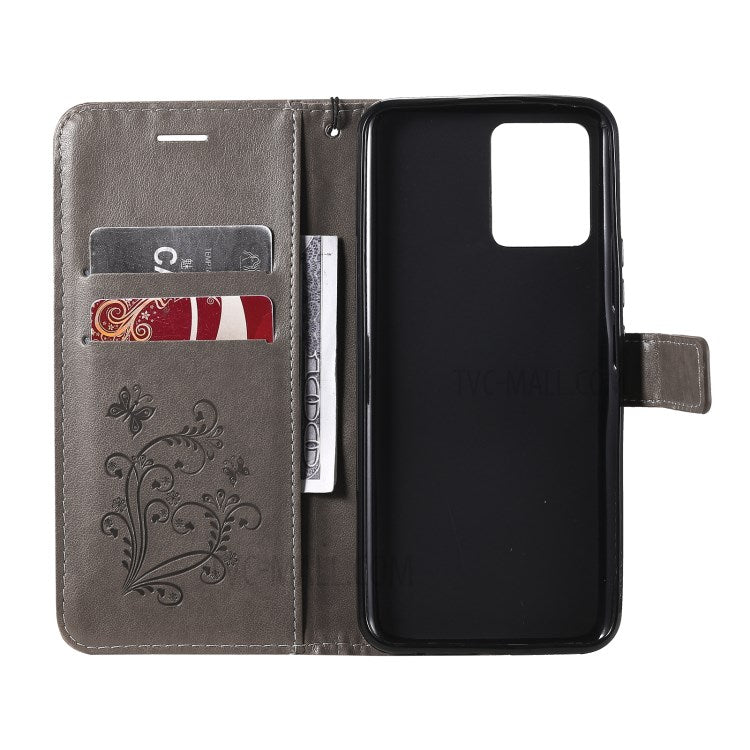 KT Imprinting Flower Series-2 Imprint Butterflies Pattern Wallet Stand Leather Phone Covering Case for Realme 8 / Realme 8 Pro 4G - Grey