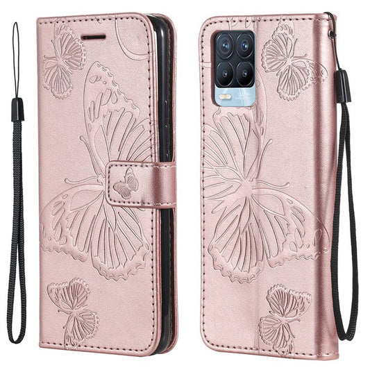 KT Imprinting Flower Series-2 Imprint Butterflies Pattern Wallet Stand Leather Phone Covering Case for Realme 8 / Realme 8 Pro 4G - Rose Gold