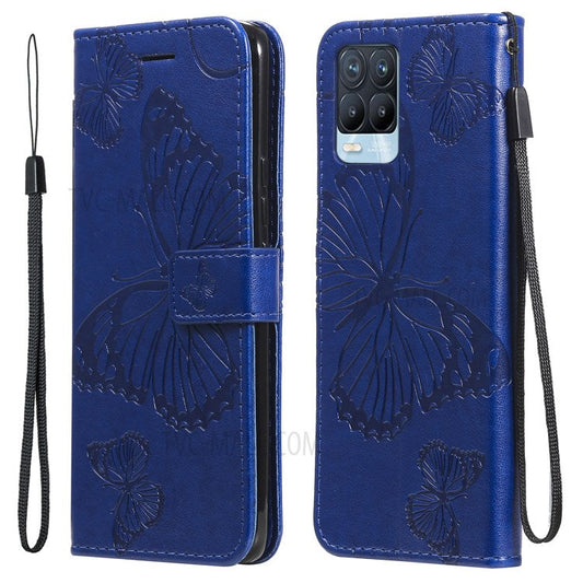 KT Imprinting Flower Series-2 Imprint Butterflies Pattern Wallet Stand Leather Phone Covering Case for Realme 8 / Realme 8 Pro 4G - Blue