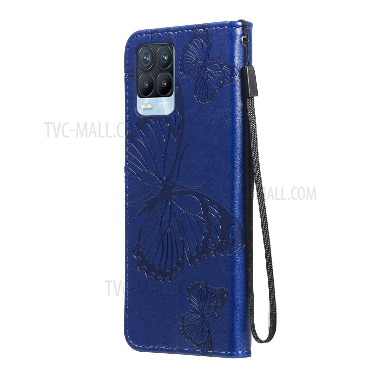 KT Imprinting Flower Series-2 Imprint Butterflies Pattern Wallet Stand Leather Phone Covering Case for Realme 8 / Realme 8 Pro 4G - Blue