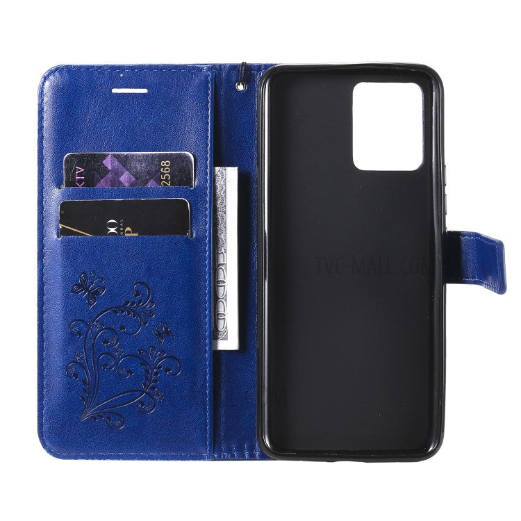KT Imprinting Flower Series-2 Imprint Butterflies Pattern Wallet Stand Leather Phone Covering Case for Realme 8 / Realme 8 Pro 4G - Blue