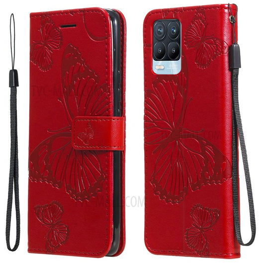 KT Imprinting Flower Series-2 Imprint Butterflies Pattern Wallet Stand Leather Phone Covering Case for Realme 8 / Realme 8 Pro 4G - Red