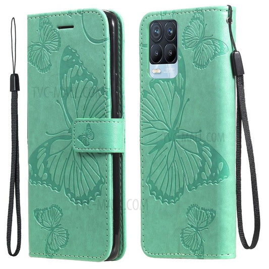KT Imprinting Flower Series-2 Imprint Butterflies Pattern Wallet Stand Leather Phone Covering Case for Realme 8 / Realme 8 Pro 4G - Green