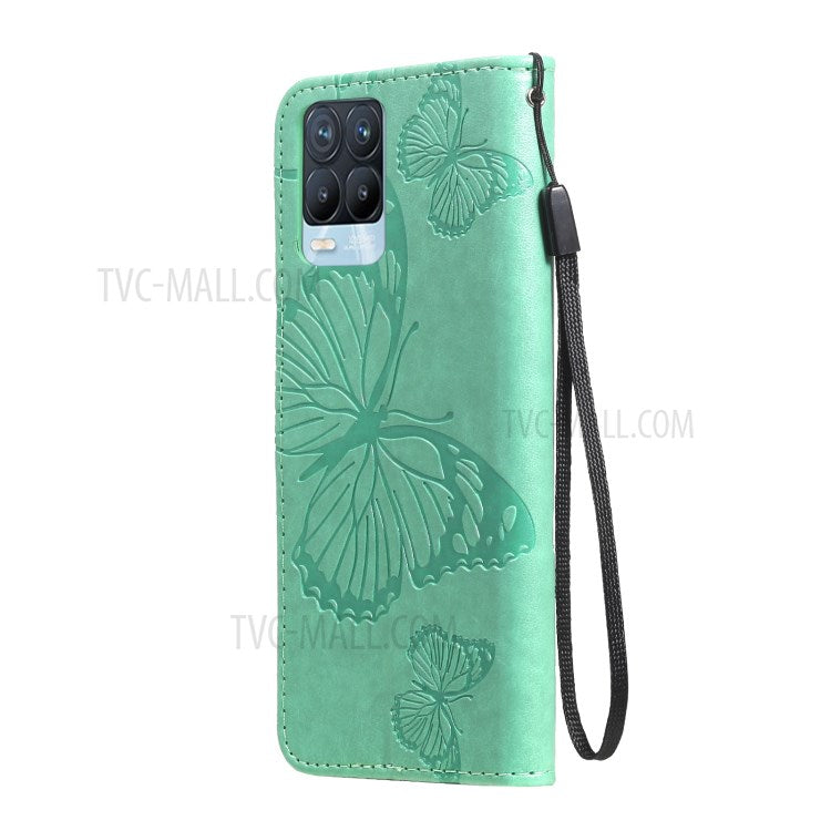 KT Imprinting Flower Series-2 Imprint Butterflies Pattern Wallet Stand Leather Phone Covering Case for Realme 8 / Realme 8 Pro 4G - Green