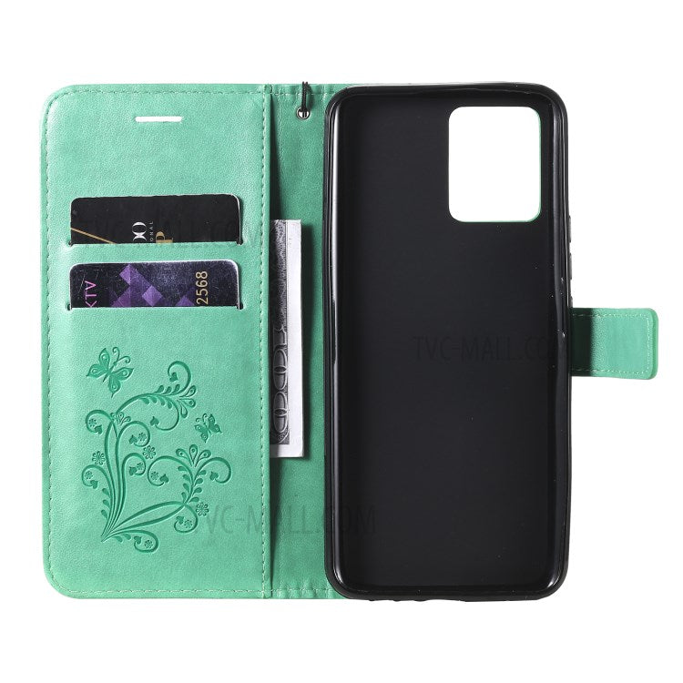 KT Imprinting Flower Series-2 Imprint Butterflies Pattern Wallet Stand Leather Phone Covering Case for Realme 8 / Realme 8 Pro 4G - Green