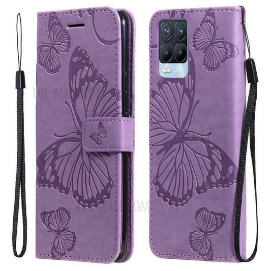 KT Imprinting Flower Series-2 Imprint Butterflies Pattern Wallet Stand Leather Phone Covering Case for Realme 8 / Realme 8 Pro 4G - Purple
