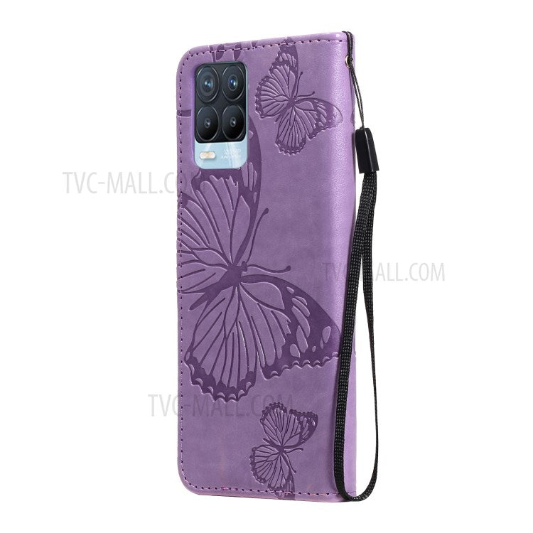 KT Imprinting Flower Series-2 Imprint Butterflies Pattern Wallet Stand Leather Phone Covering Case for Realme 8 / Realme 8 Pro 4G - Purple