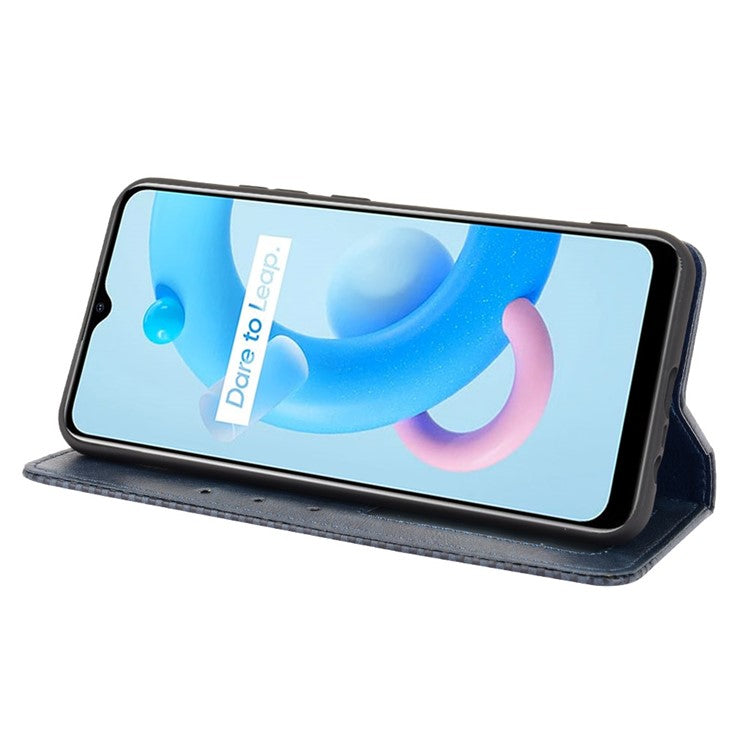 Magnetic Auto-absorbed Wallet Stand Vintage Mobile Phone Case Leather Cover for Realme C11 2021/C20/C20A - Blue