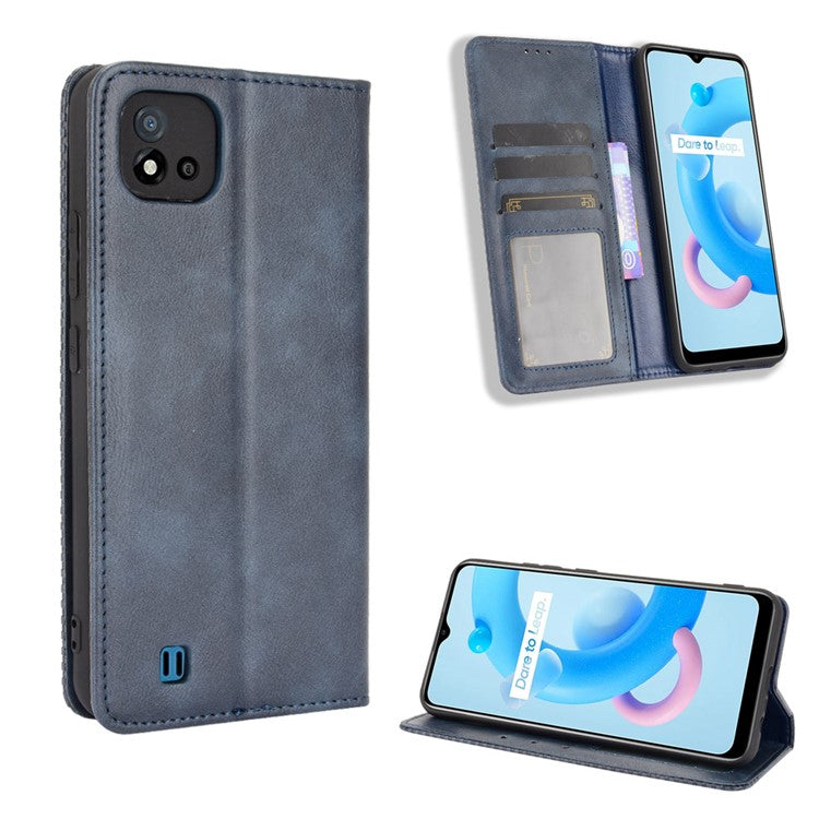 Magnetic Auto-absorbed Wallet Stand Vintage Mobile Phone Case Leather Cover for Realme C11 2021/C20/C20A - Blue