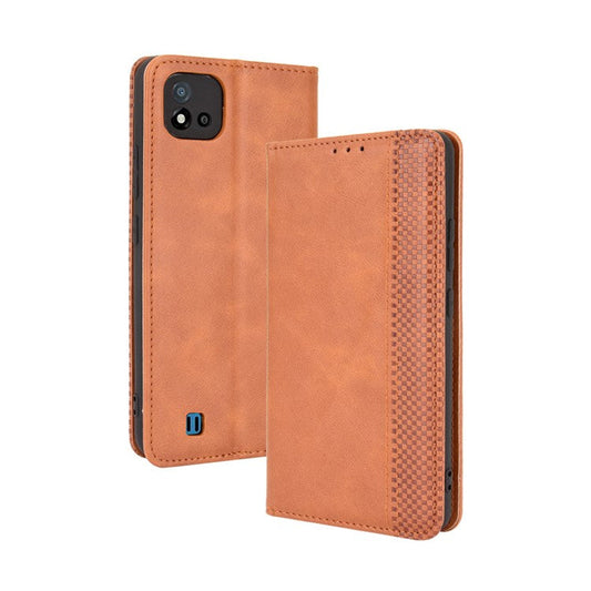 Magnetic Auto-absorbed Wallet Stand Vintage Mobile Phone Case Leather Cover for Realme C11 2021/C20/C20A - Brown